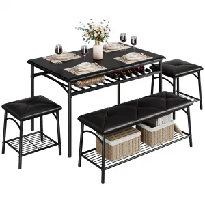 Kitchen Dining Room Table Set with Upholstered Bench and Square Stools, Metal and Wood Dining Table Set for 4 with Storage for Small Space, Black
