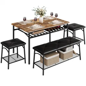 Kitchen Dining Room Table Set with Upholstered Bench and Square Stools, Metal and Wood Dining Table Set for 4 with Storage for Small Space, Brown