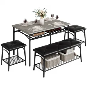 Kitchen Dining Room Table Set with Upholstered Bench and Square Stools, Metal and Wood Dining Table Set for 4 with Storage for Small Space, Grey