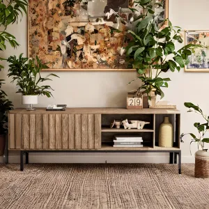 Modern 65-Inch TV Stand with Sliding Door, Adjustable Shelves, MDF & Iron, for Living Room or Bedroom