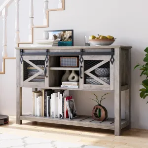 Farmhouse Entryway Table with Sliding Barn Doors, Sofa Table with Storage and Open Shelf, Console Tables for Entryway, Hallway, Washed Grey