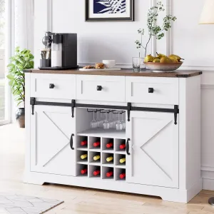 Farmhouse Buffet Cabinet, Coffee Bar Cabinet with Sliding Barn Door, 54" Wine Cabinet with 3 Drawers, Storage Cabinet for Kitchen, Dining Room, White