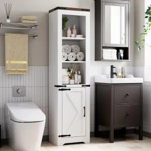 Bathroom Storage Cabinet, Farmhouse Storage Cabinet with Adjustable Shelves & Barn Door, Tall Linen Tower for Bathroom, Living Room, White