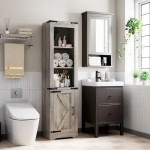 Bathroom Storage Cabinet, Farmhouse Storage Cabinet with Adjustable Shelves & Barn Door, Tall Linen Tower for Bathroom, Living Room, Washed Grey