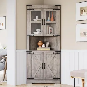 Farmhouse Corner Cabinet, Tall Corner Storage Cabinet with Barn Door & Adjustable Shelves, Bathroom Cabinet with Storage for Living Room, Kitchen, Bathroom, Gray