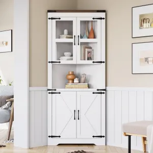 Farmhouse Corner Cabinet, Tall Corner Storage Cabinet with Barn Door & Adjustable Shelves, Bathroom Cabinet with Storage for Living Room, Kitchen, Bathroom, White