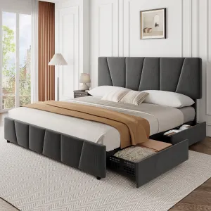 King Size Bed Frame with 4 Storage Drawers and Headboard, Upholstered Platform Bed Frame with Wooden Slats Support, No Box Spring Needed, Dark Grey