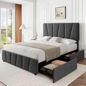Queen Size Bed Frame with Adjustable Headboard, 4 Storage Drawers, Velvet Upholstery, Wooden Slats, Dark Grey