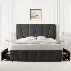 Twin Size Bed Frame with Adjustable Headboard and 2 Storage Drawers, Upholstered Platform Bed Frame with Wooden Slats Support, No Box Spring Needed, Dark Grey (Twin)