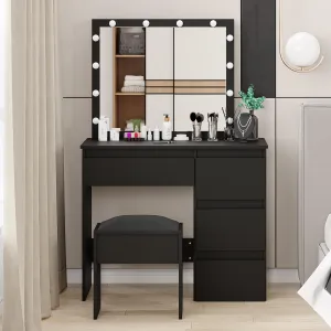 Makeup Vanity Desk with LED Mirror - Makeup Table with +Adjustable Brightness, 3 Light Modes, 4 Drawers, Charging Board, Large Desktop, Black