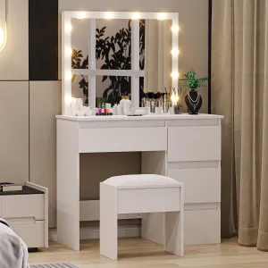 Makeup Vanity Desk with LED Mirror - Makeup Table with +Adjustable Brightness, 3 Light Modes, 4 Drawers, Charging Board, Large Desktop, White