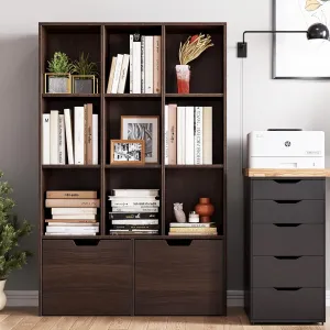 Brown Bookshelf with 9 Cubes & 2 Drawers - Tall Storage Cabinet, P2 Particle Board, Adjustable Shelves, Anti-Collapse Device, Living Room/Office/Study/Kitchen