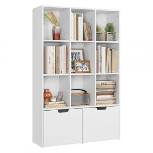 White Bookshelf with Drawers, Tall Storage Cabinet, 9 Cubes, 2 Large Drawers, Free Standing, Particle Board, Adjustable Shelves, Anti-collapse Device, Living Room, Office