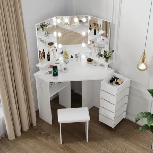 Corner Makeup Vanity Desk with Lights & Power Outlet - Tri-Folding Mirror, 5 Rotating Drawers, Adjustable Brightness, Ample Storage, Stool Included, Suitable for Bedroom
