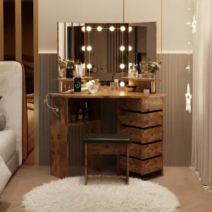 Makeup Vanity Desk with Lights & Power Outlet, Corner Vanity Table with 5 Rotating Drawers,3 Color Lighting, Brightness Adjustable, Shelves and Stool, Dressing Table for Women Girls