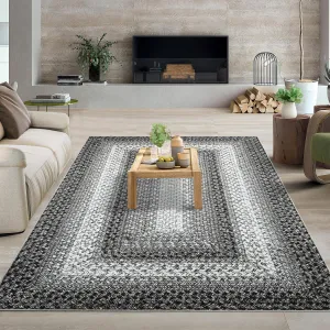 Bordered Grey 3x5 Area Rugs Machine Washable Rug Area Rug Boho Modern Throw Rug Stain Resistant Low-Pile Non-Slip Distressed Rug for Bedroom Kitchen Living Room