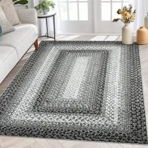 Bordered Grey 4x6 Washable Rugs, Boho Rug Small Living Room Area Rug Indoor Throw Floor Carpet Farmhouse Rug Modern Rug Braided Rustic Area Rug for Bedroom Kitchen