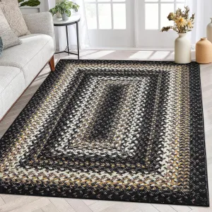 Bordered Black Multi 5x7 Boho Rug Washable Area Rug Braided Printed Area Rug Modern Indoor Floor Carpet Rustic Accent Rug Farmhouse Rug Geometric Rug for Living Room Bedroom Kitchen