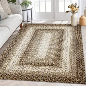 Bordered Taupe 5x7 Living Room Area Rug Modern Braided Print Area Rug Geometric Rug Washable Rug Distressed Carpet for Living Room Bedroom Nursery