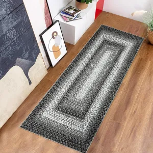 Bordered Grey 2x10 Long Kitchen Runner Rugs, Hallway Runner Rug Braided Runenr Rug Laundry Runner Rug Boho Rug Modern Geometric Runner Rug Washable Rug for Entryway Living Room Bedroom