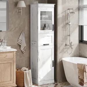 Slim Bathroom Cabinet, Tall Narrow Storage Cabinet with Glass Doors and Adjustable Shelf, Freestanding Linen Cabinet for Laundry Room, Kitchen, Living Room, Small Space, Antique White