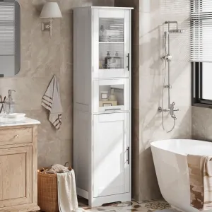 Modern Freestanding Bathroom Storage Cabinet with Single Glass Door and Sliding Drawer, White