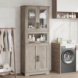 Modern Freestanding Bathroom Storage Cabinet with Double Glass Doors and Spacious Sliding Drawer, Grey