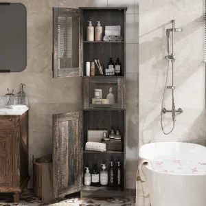 Retro Freestanding Bathroom Storage Cabinet with Single Glass Door and Sliding Drawer, Dark Oak