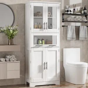 Modern Freestanding Bathroom Storage Cabinet with Double Glass Doors and Spacious Sliding Drawer, White