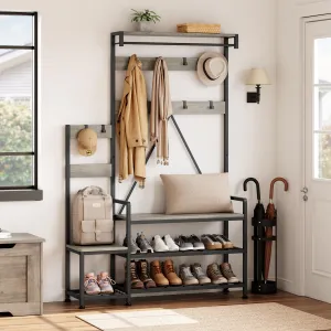 Parent-Child Coat Rack Shoe Bench Industrial Hall Tree with Bench and Shoe Storage Coat Tree Entryway Large Organizer with Shoe Rack, Storage Cubbies, Hooks, and Top Shelf