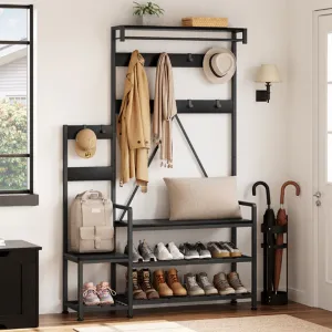 Hall Tree With Bench and Shoe Storage Parent-Child Coat Rack Shoe Bench Industrial Coat Tree Entryway Large Organizer With Shoe Rack, Storage Cubbies, Hooks, and Top Shelf Black