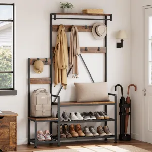 Coat Rack Shoe Bench Parent-Child Hall Tree with Bench and Shoe Storage Metal Frame Industrial Coat Tree Entryway Large Organizer with Shoe Rack, Storage Cubbies, Hooks, and Top Shelf