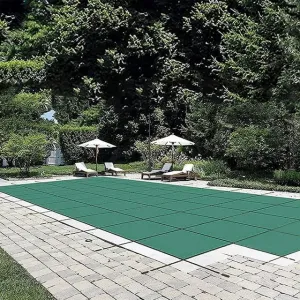 Pool Safety Inground Pool Cover, Fits 14x26ft Pool with Center Steps, Full Set w/Pool Safety Net and Installation Tools, Ultra-Dense Safety Pool Cover 16x28ft w/Anchors for Inground Pools