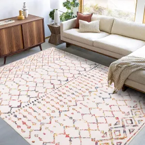 Washable Moroccan Rug 4x6 - Colorful Bohemian, Low Pile, Non-Slip, Polyester, Cream/Multi, For Living Room, Bedroom, Office