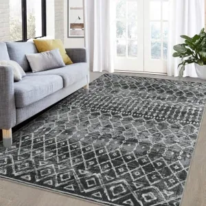 Washable Moroccan Rug 4x6 for Living Room - Low Pile, Non-Slip, Faux Wool - Black & Ivory - Modern Design, Machine Washable, Ideal for Bedroom & Office