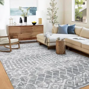 Washable Moroccan Area Rug 4x6 | Non-Slip, Stain Resistant | Premium Polyester | Vintage Grey Design | Living Room, Bedroom, Office