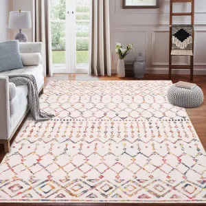 8x10 Boho Low Pile Rug for Living Room - Colourful, Washable, Non-Slip Polyester with Classic Design - Cream/Multi