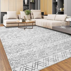 Area Rugs 8x10 Large Boho Rug Washable Rug Bedroom Rug Geometric Rug Non-Slip Non-Shedding Rugs, Grey Distressed Rugs Large Accent Carpet for Kitchen Dining Room Dorm Office