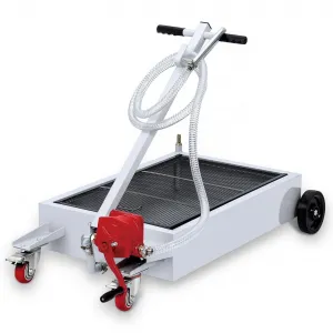 Hand Pump & Hose Oil Drain Pan with 15 Gal Low Profile & 8 Ft Hose - Silver