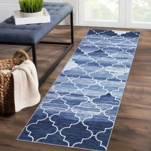 Runner Rug, Washable, Non-Slip, Stain Resistant, Trellis Pattern, Navy, 2x 6, Perfect for Entryway, Bedroom, Kitchen