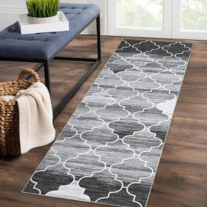 Hallway Runner Rug, Washable, Stain Resistant, Non-Slip, Modern Trellis, Distressed, Grey, 2' x 6', Perfect for Entryway