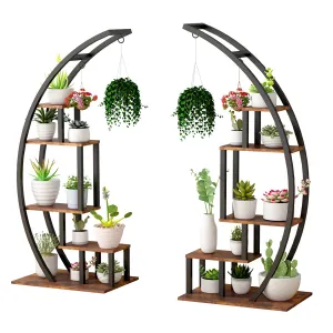 2-Pack 5-Tier Half Moon Plant Stand, Curved Ladder Flower Pot Display Rack with Hanging, Powder-Coated Steel & MDF, Indoor/Outdoor, Brown
