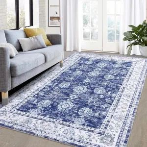 Oriental Navy 5x7 Vintage Distressed Floral Medallion Rug, Washable Non-Slip Boho Traditional for Office Bedroom