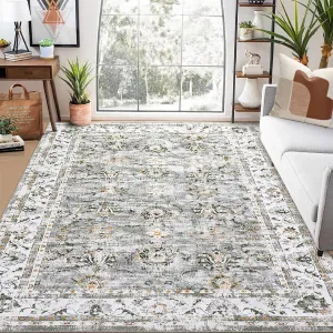 Oriental Grey-Green 8x10 Vintage Distressed Floral Medallion Rug, Washable Non-Slip Stain Resistant Traditional for Living Bedroom