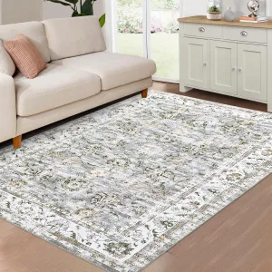 Oriental Grey-Green 5x7 Vintage Distressed Floral Medallion Rug, Washable Non-Slip Stain Resistant Traditional for Living Room