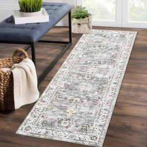 Oriental Grey-Green 2x6 Vintage Medallion Floral Runner, Washable Non-Slip Stain Resistant Traditional for Hallway Kitchen