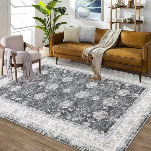 Oriental Black Grey 4x6 Vintage Distressed Floral Rug, Washable Stain Resistant Non-Slip Boho Farmhouse for Dining Bedroom