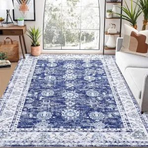 Oriental Navy 8x10 Vintage Distressed Floral Medallion Rug, Washable Non-Slip Stain Resistant Traditional for Living Bedroom