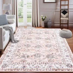 Oriental Pink 9x12 Vintage Medallion Floral Rug, Washable Stain Resistant Non-Slip Traditional for Living Room Decor
