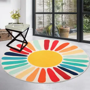 4ft Round Rug Retro Sun Round Rug Washable Boho Rug for Nursery Non-Slip Low Pile Playroom Circle Rug Round Throw Floor Cover Carpet Colorful Kids Rug for Living Room Bedroom, Multi